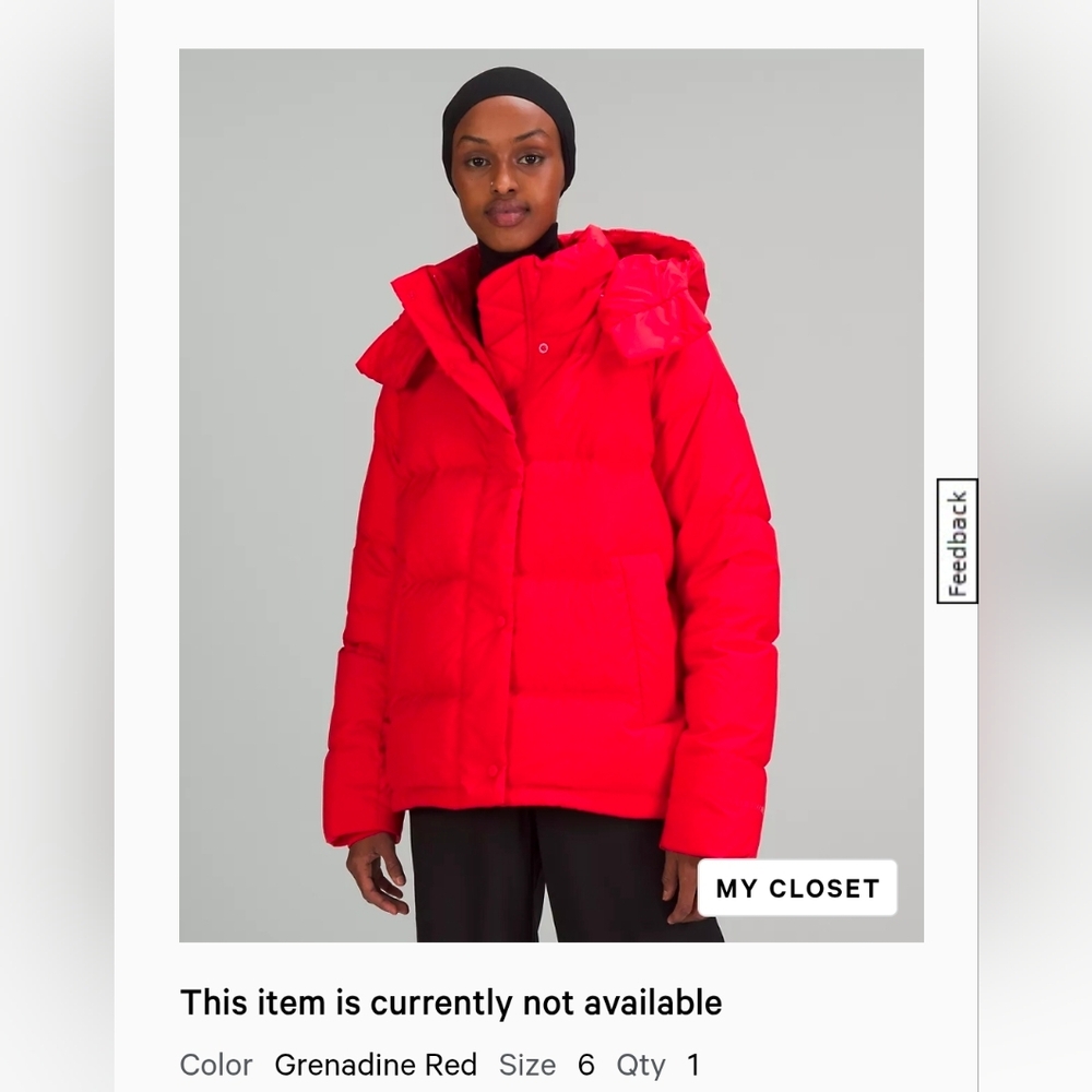 NWT Lululemon Wunder Puff 600 Fill Jacket. Size 6. Grenadine.